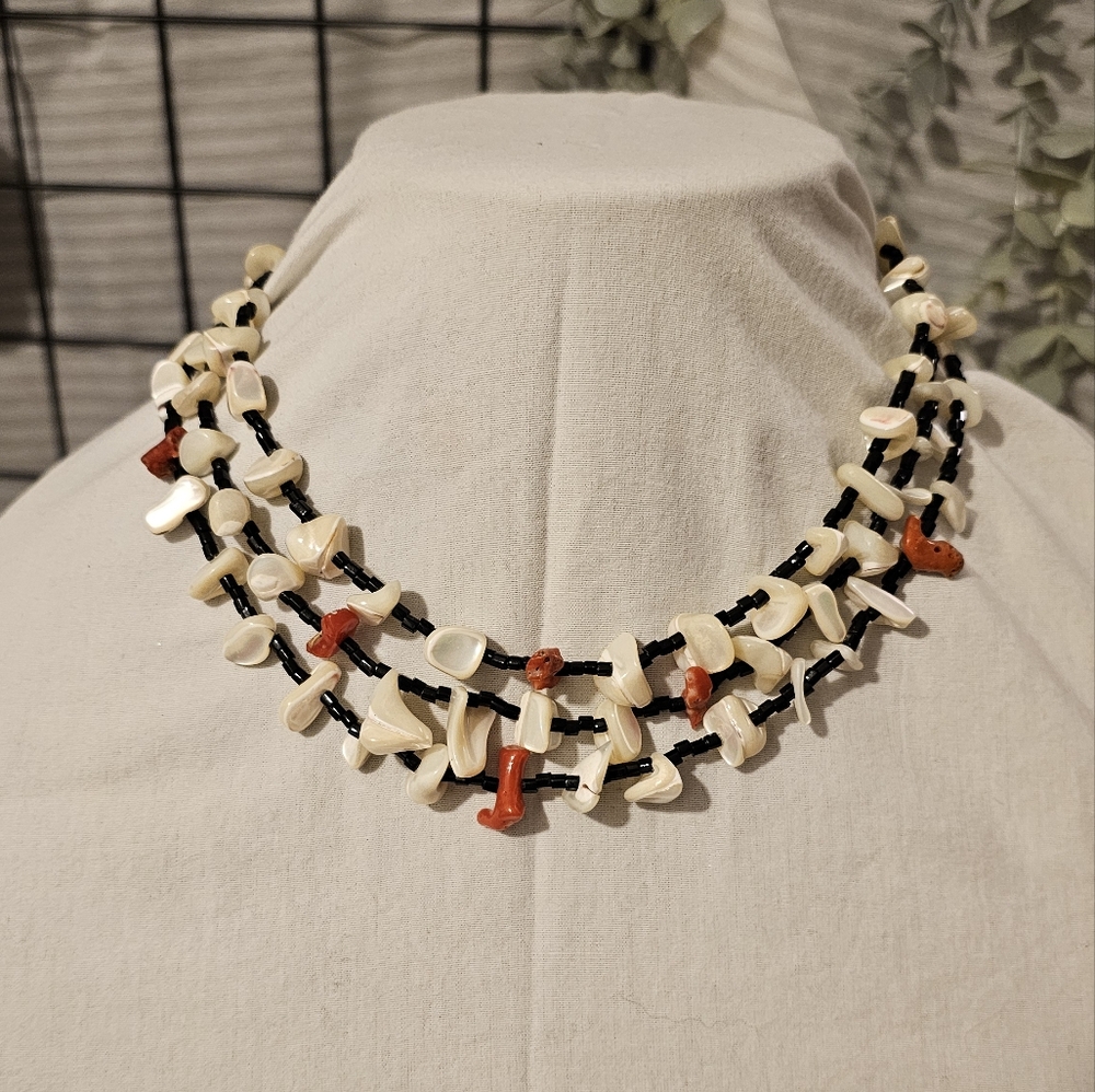 Vintage JAPAN 3 strand shell and coral necklace
